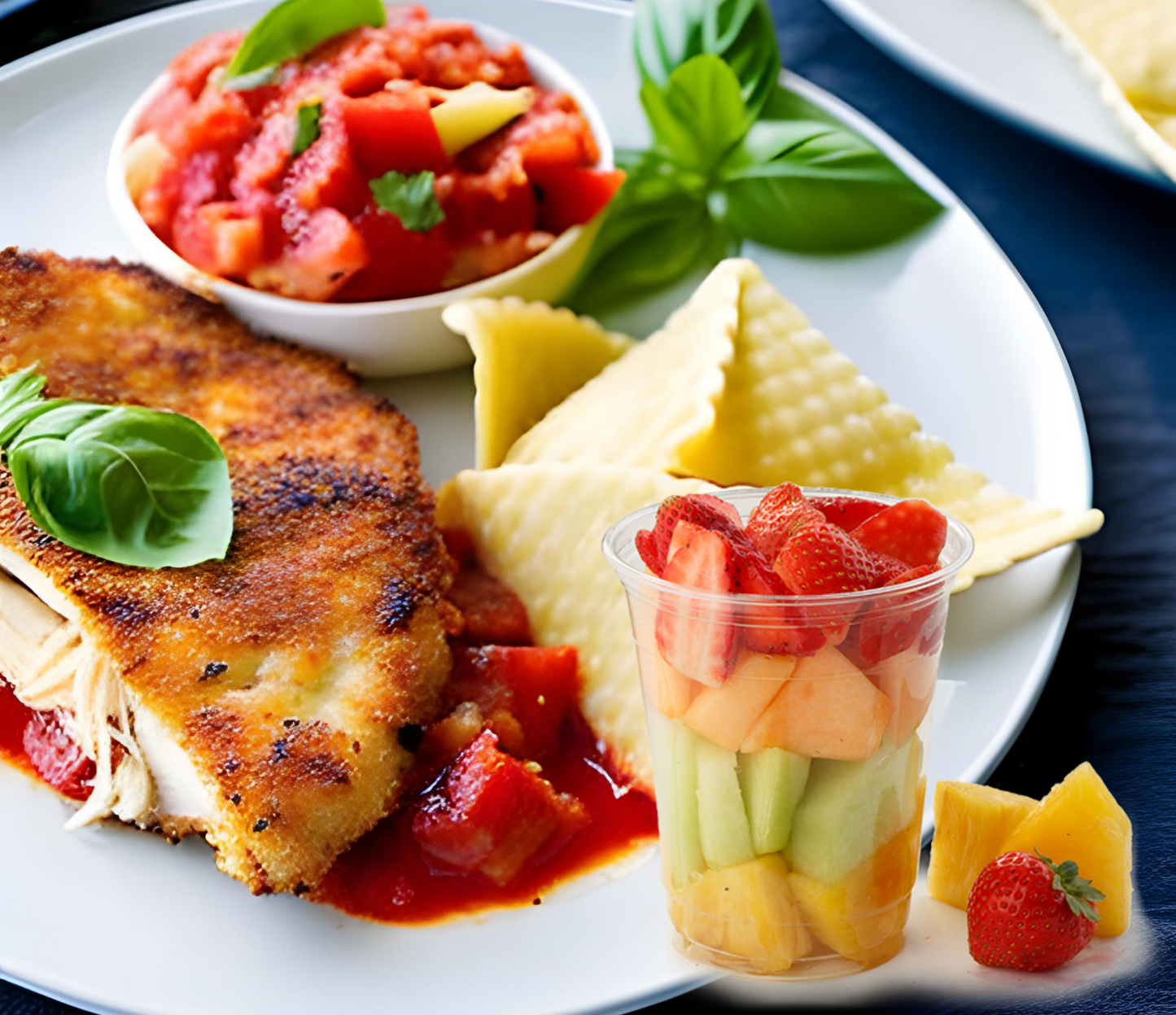 Chicken Parm with Ravioli and Fruit Cup