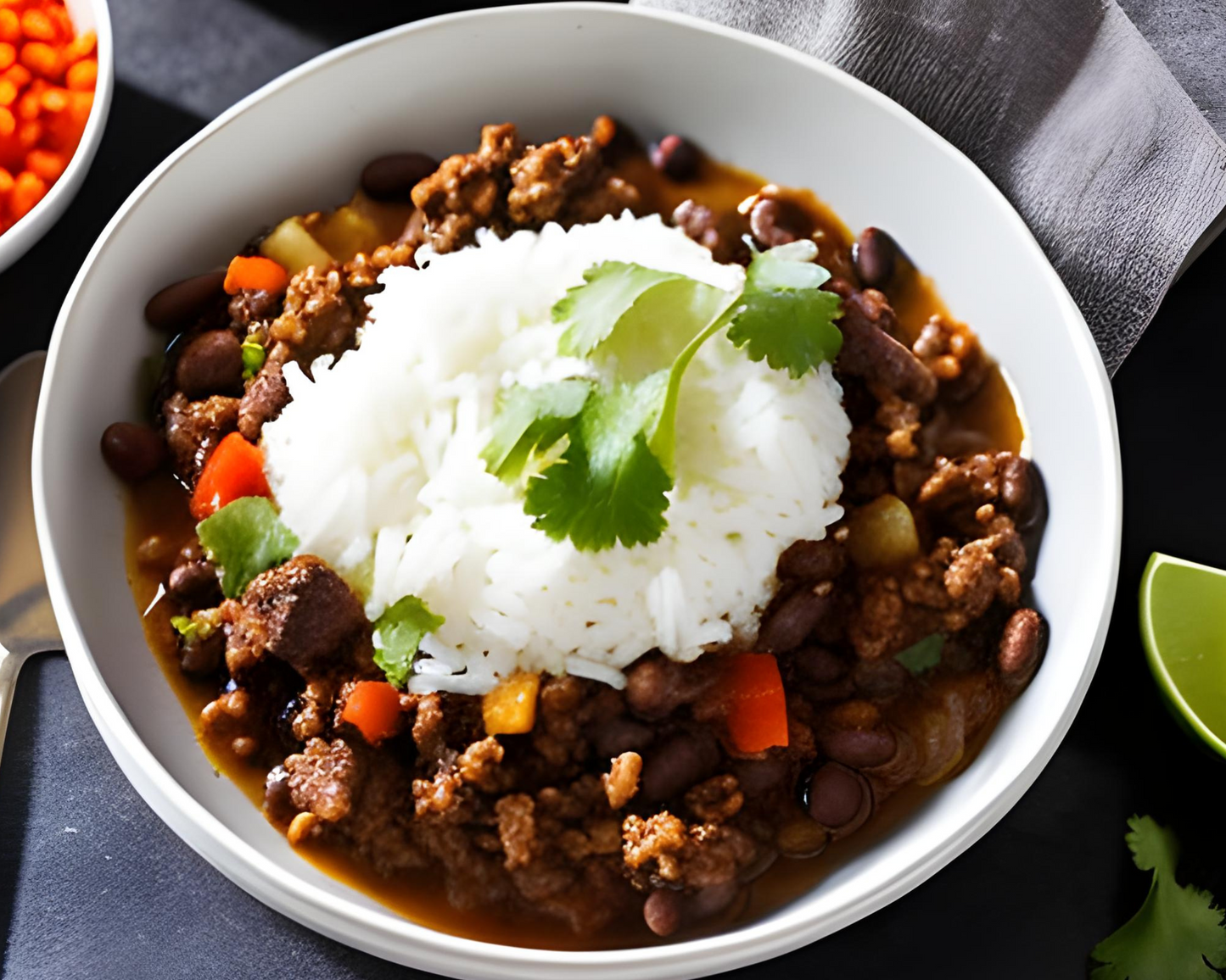 Picadillo, white rice and black beans