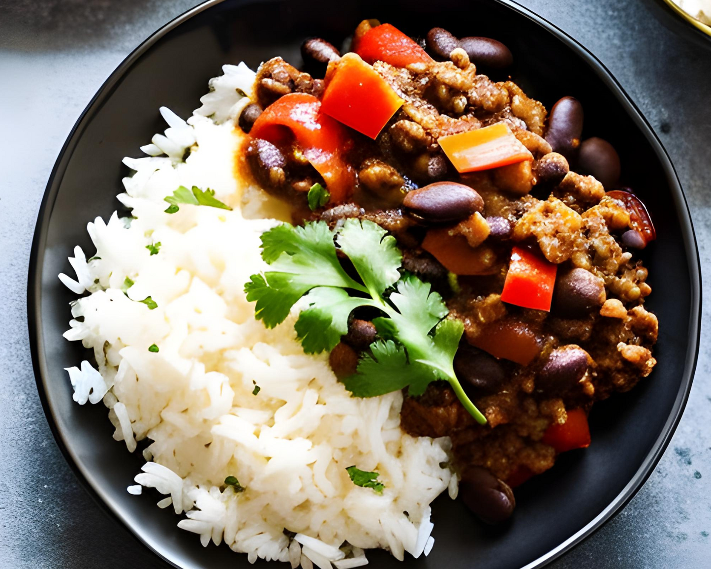 Picadillo, white rice and black beans