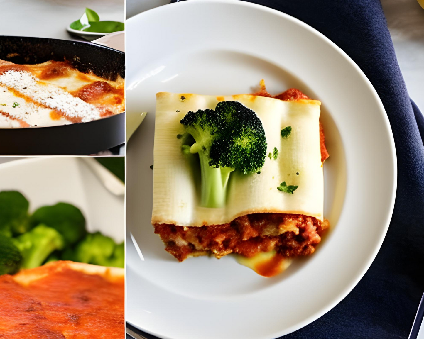 Lasagna with broccoli and dinner roll